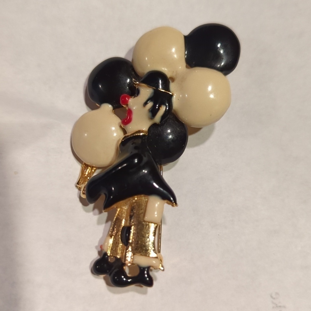 Clown Pin Balloons Enamel Brooch Gold tone black white red Vintage Circus Party